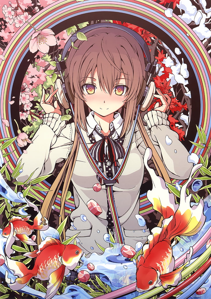 manga, headphones, brunette, ribbon, original characters, brown eyes, fish, goldfish, flowers, HD wallpaper