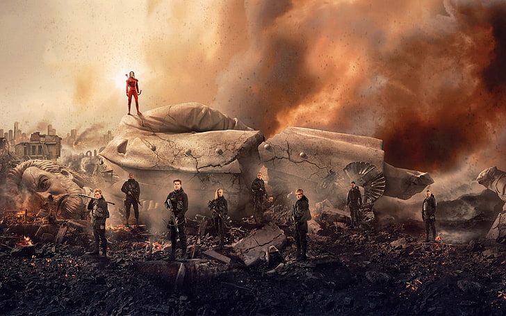 orang-orang berdiri di samping wallpaper digital patung manusia, Hunger Games, film, Jennifer Lawrence, Wallpaper HD