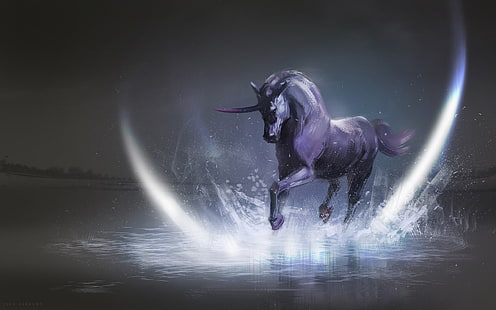 wallpaper digital unicorn abu-abu, karya seni, seni fantasi, unicorn, kuda, Wallpaper HD HD wallpaper