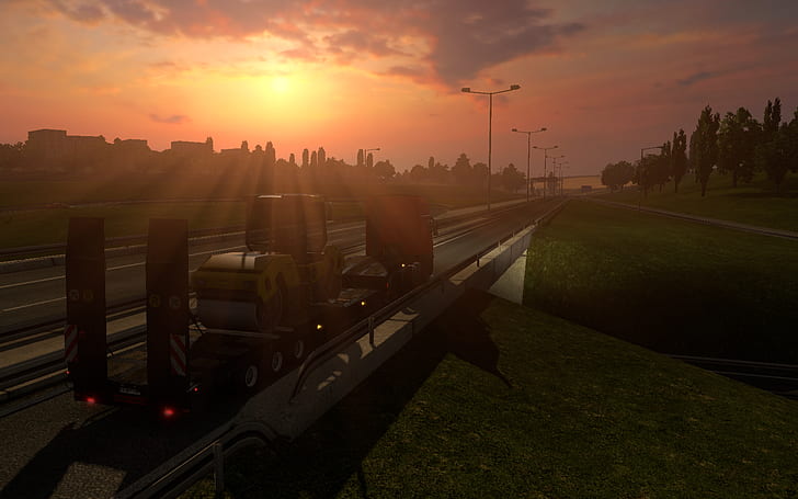 videogiochi, Euro Truck Simulator 2, tramonto, autostrada, camion, Volvo FH16, sole, carico, Sfondo HD