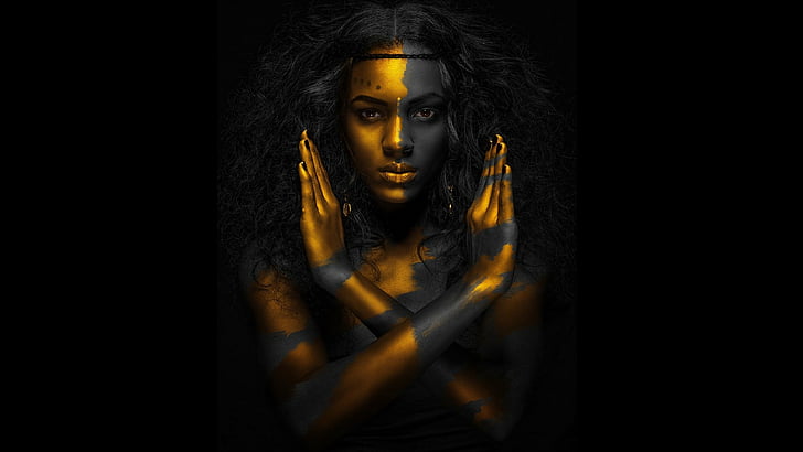 black, bodypaint, egipt, faraon, gold, magic, woman, HD wallpaper