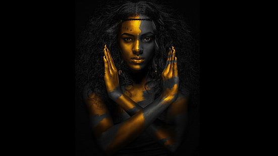 أسود ، رسم جسدي ، egipt ، faraon ، ذهب ، سحر ، امرأة، خلفية HD HD wallpaper