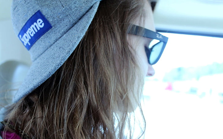 gray Supreme cap, girl, hat, glasses, hair, swag, HD wallpaper