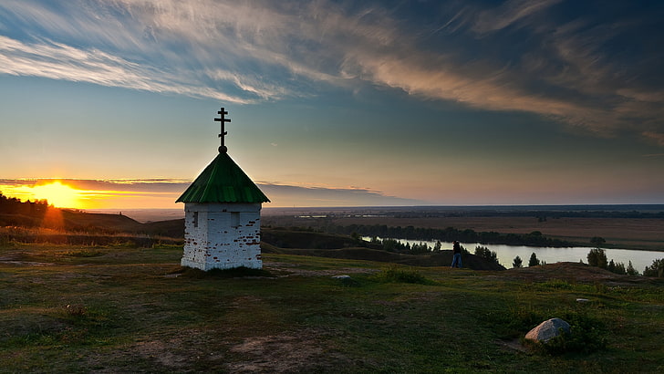 russland, konstantinovo, landschaft, fluss, chasovnya, orthodoxe kirche, kapelle, oka river, HD-Hintergrundbild