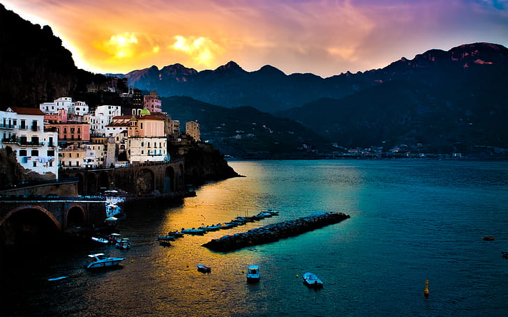 sea, sunset, mountains, Italy, Amalfi, Italian, Tyrrhenian Sea, HD wallpaper