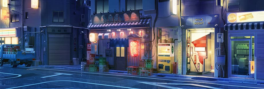 romance visual, paisagem, arte de fundo, rua, Japão, loja, ArseniXC, noite, efeitos de luz, Amor, Dinheiro, Rock'n'Roll, HD papel de parede HD wallpaper
