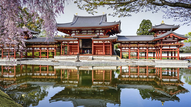 平等院、宇治、日本、寺院、風景、茶色と灰色の木造中国寺院、平等院、日本、寺院、風景、 HDデスクトップの壁紙