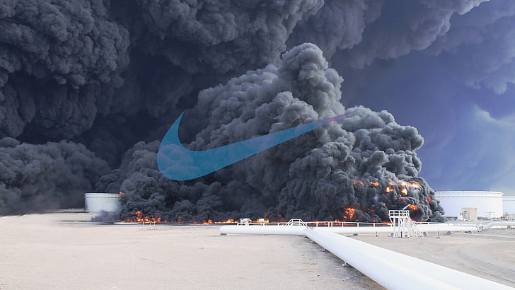 pompa oleju, ogień, dym, Nike, logo, Syria, niebo, Tapety HD