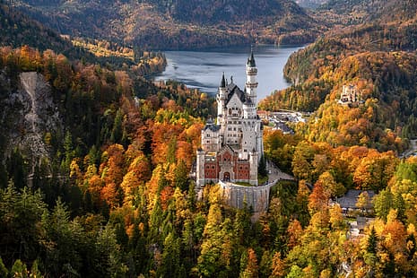 outono, floresta, lago, castelo, Alemanha, Bayern, Baviera, Castelo de Neuschwanstein, Schwangau, Schwansee, Озеро Шванзее, HD papel de parede HD wallpaper