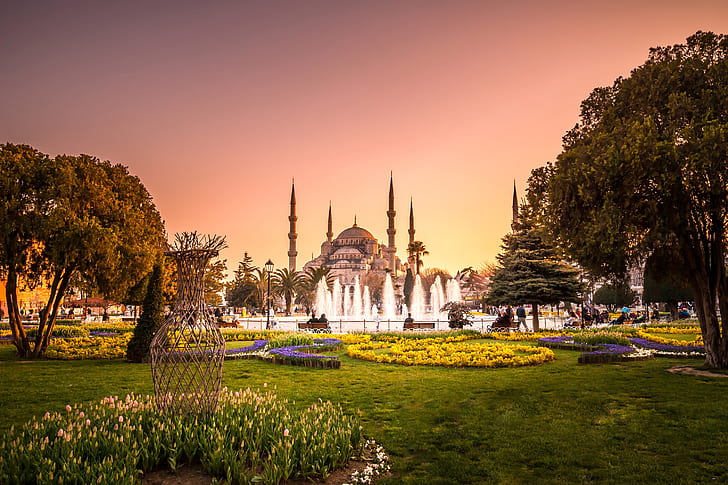 Moskéer, Sultan Ahmed-moskén, Blå moskén, fontän, Istanbul, parkera, Turkiet, HD tapet