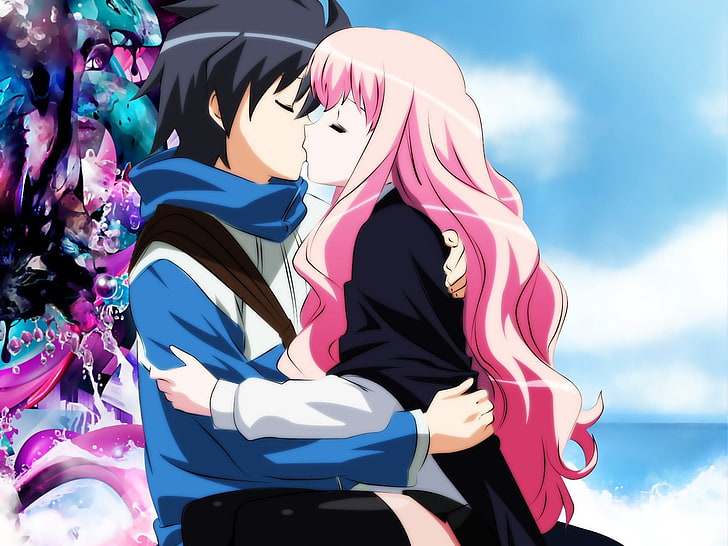 момиче и момче аниме герой целуване дигитален тапет, момче, момиче, целувка, чувство, нежност, HD тапет