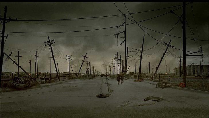 lot de poteaux électriques noirs, ville, bâtiment, apocalyptique, terrain vague, The Road (Movie), Fond d'écran HD