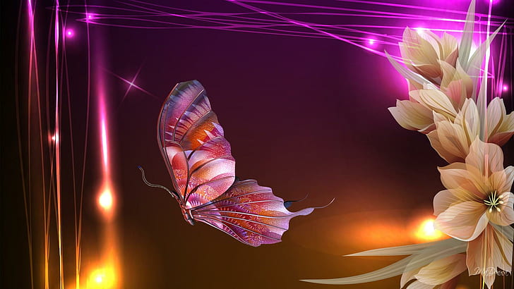 Magic Of Light, firefox persona, orange, magical, light, bright, butterfly, pink, flowers, 3d and abstract, HD wallpaper