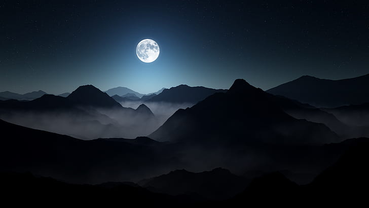 the sky, landscape, mountains, night, fog, darkness, moon, stars, full moon, lighting, foggy, moody, Otto Hütter, HD wallpaper