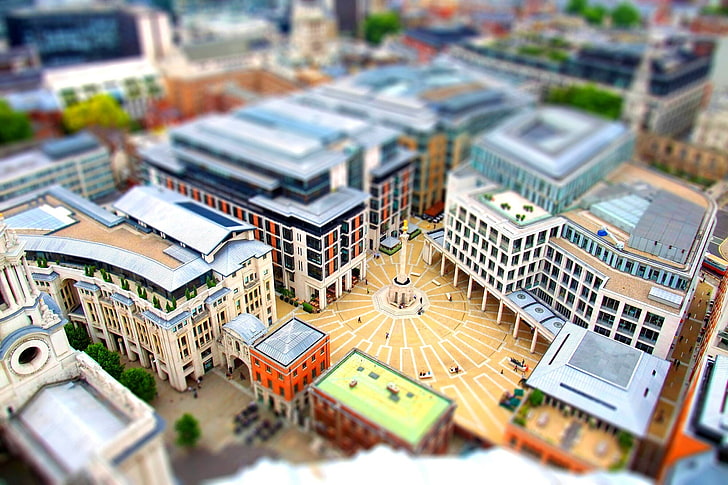 tilt-shift fotografering av byggnader, flygfoto över stadsbilden, tilt shift, stadsbilden, Paternoster Square, London, torget, city, England, HD tapet