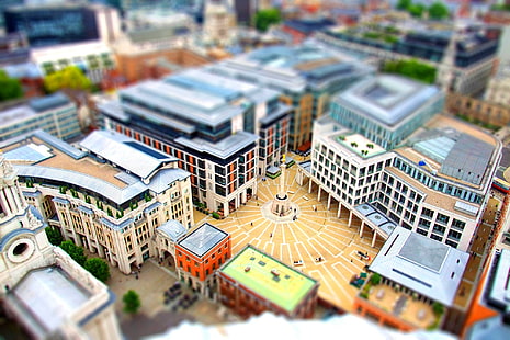 tilt-shift fotografía de edificios, vista aérea del paisaje urbano, tilt shift, paisaje urbano, Paternoster Square, Londres, plaza, ciudad, Inglaterra, Fondo de pantalla HD HD wallpaper