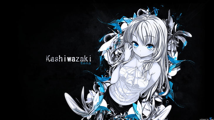 Kashiwazaki digital wallpaper, Kashiwazaki Sena, Boku wa Tomodachi ga Sukunai, anime, anime girls, blue eyes, black background, feathers, HD wallpaper