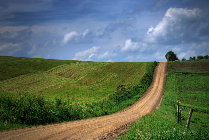 brown road between green grass under cloudy skies, pennsylvania, pennsylvania, Pennsylvania, Road, brown, green grass, cloudy, skies, farm, fields, hills, dirt, path, green  blue, landscape, explore, nature, rural Scene, agriculture, field, meadow, land, outdoors, grass, summer, sky, hill, landscaped, scenics, green Color, tree, non-Urban Scene, HD wallpaper