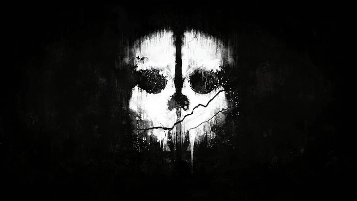 흰색과 검은 색 두개골 그림, 흰색 두개골 그림, Call of Duty : 유령, 어두운, 흰색, 비디오 게임, 흑백, 디지털 아트, 검정색 배경, 간단한 배경, 두개골, Call of Duty, HD 배경 화면