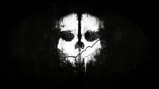 ilustración del cráneo blanco y negro, ilustración del cráneo blanco, Call of Duty: Ghosts, oscuro, blanco, videojuegos, monocromo, arte digital, fondo negro, fondo simple, cráneo, Call of Duty, Fondo de pantalla HD HD wallpaper