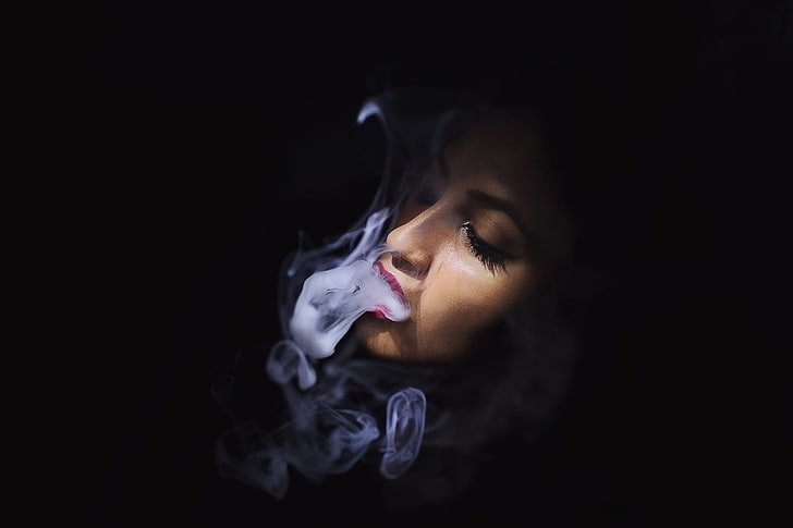 женщины, лицо, дым, чёрный фон, HD обои