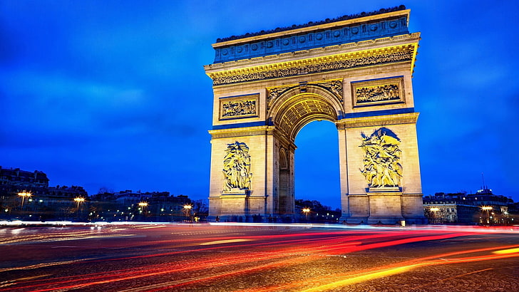 Arc de Triumph, luces, carreteras, arquitectura, larga exposición, paisaje urbano, senderos de luz, Arc de Triomphe, arco, Francia, París, Fondo de pantalla HD