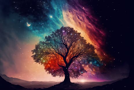 AI art, ilustração, árvores, Color Burst, noite, estrelas, céu, HD papel de parede HD wallpaper