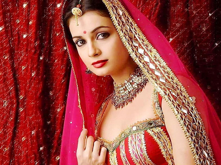 Diya Mirza In Saree, vestido rojo y marrón, celebridades femeninas, Diya Mirza, bollywood, actriz, sari, Fondo de pantalla HD