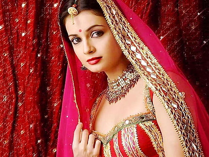 Diya Mirza In Saree, vestido vermelho e marrom, celebridades femininas, Diya Mirza, bollywood, atriz, saree, HD papel de parede HD wallpaper
