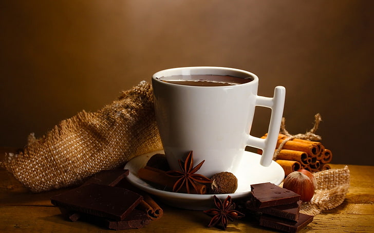 white ceramic mug, hot chocolate, cloves, drink, cinnamon, anise, star anise, spices, nuts, HD wallpaper