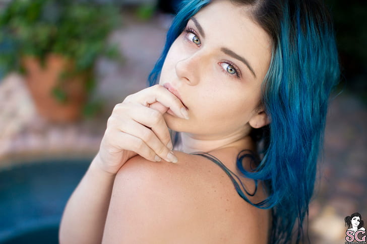 Kuroha Suicide, dyed hair, Suicide Girls, women, women outdoors, model, face, finger in mouth, bare shoulders, blue hair, gray eyes, depth of field, looking at viewer, HD wallpaper