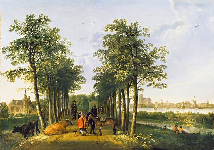 Aelbert Cuyp, Oil on canvas, trees, landscape, people, animals, HD wallpaper
