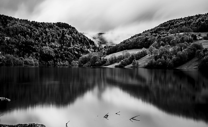 Landscape Black and White, Black and White, White, Black, Mountain, Forest, Clouds, Fuji, x100s, fujifilm, doubs, HD wallpaper