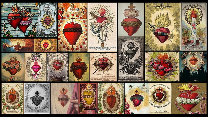 Sacred Heart, collage, Jesus Christ, heart, cross, cover art, religious, HD wallpaper