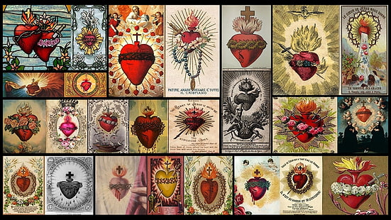 Sacred Heart, collage, Jesus Christ, heart, cross, cover art, religious, HD wallpaper HD wallpaper