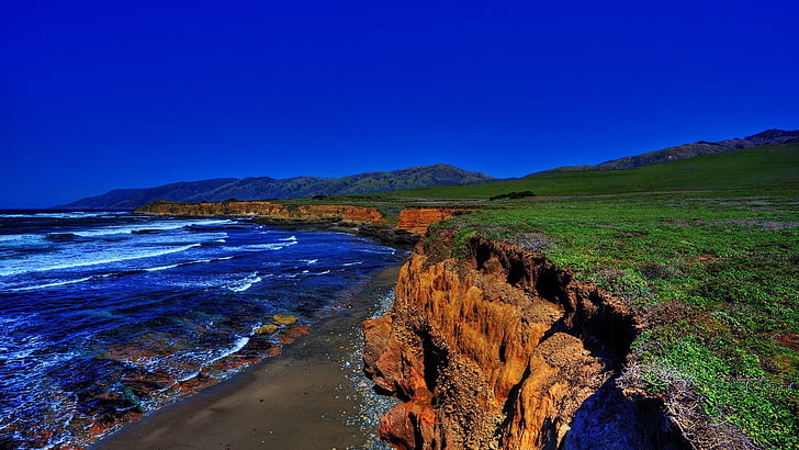 beach, cliff, coast, nature, landscape, clear sky, waves, sea, water, hills, HD wallpaper