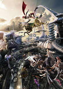 papel de parede digital de personagem de anime, Claire Farron, Snow Villiers, Oerba Dia Vanille, Final Fantasy XIII, videogame, Eidolon, cavalo, paisagem urbana, nave espacial, HD papel de parede HD wallpaper