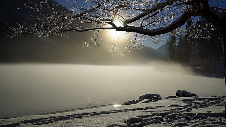 cold, fog, frozen, frozen lake, ice, lake, landscape, mood, mountains, snow, winter, wintry, HD wallpaper