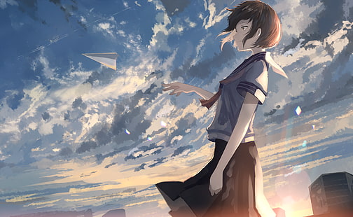 anime girl, profile view, paper airplane, school uniform, scenic, Anime, HD wallpaper HD wallpaper