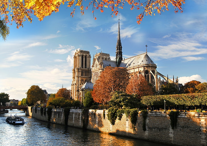 бежова бетонна сграда, есен, мост, природа, град, река, Франция, Париж, сено, архитектура, катедралата Нотр Дам, Париж Нотр Дам дьо Пари, HD тапет