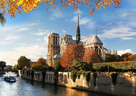 bej beton bina, sonbahar, köprü, doğa, şehir, nehir, Fransa, Paris, Hay, mimari, Notre Dame Katedrali, Notre Dame de Paris, HD masaüstü duvar kağıdı HD wallpaper