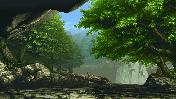 3D art of forest, pixel art, pixelated, forest, trees, nature, HD wallpaper