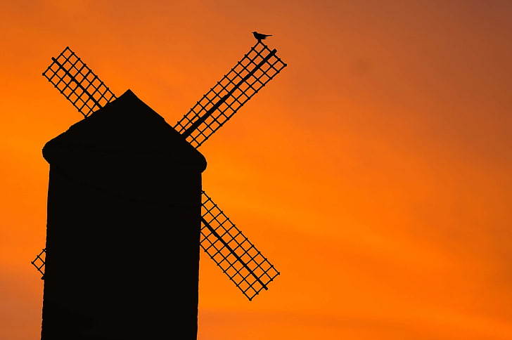 agriculture, antique, atmosphere, bird, evening, historically, idyll, lonely, lost place, mallorca, mill, nostalgia, old, old mill, old windmill, pinwheel, rest, rotor, set, shut down, silhouette, spain, still, sunset, HD wallpaper