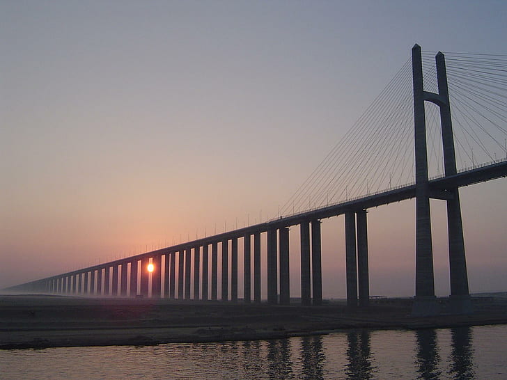 Suez Sunrise, bridge, transit, navy, canal, suez, sunrise, animals, HD wallpaper