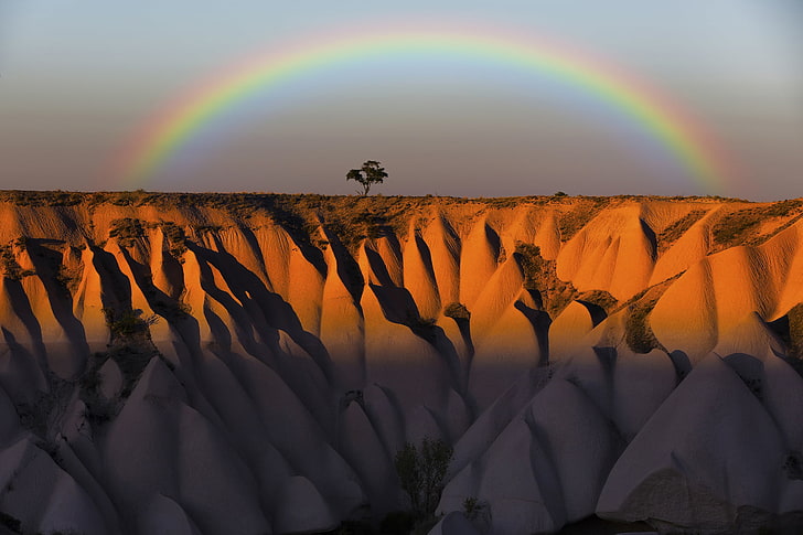 the sky, mountains, tree, rocks, rainbow, Turkey, Cappadocia, Amir, HD wallpaper