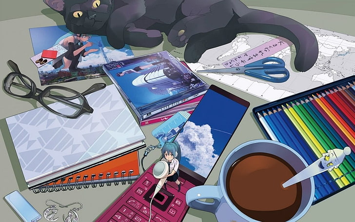 assorted-color school supply lot, cat, coffee, Vocaloid, Hatsune Miku, 40mp, pencils, glasses, scissors, notebooks, HD wallpaper