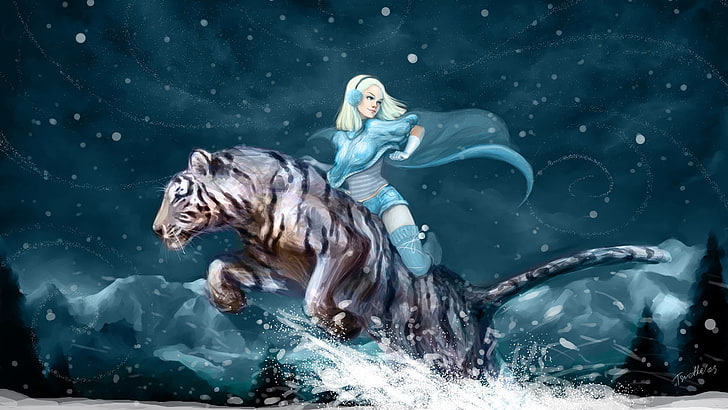 fictional character riding tiger painting, tiger, girl, snow, smile, winter, HD wallpaper