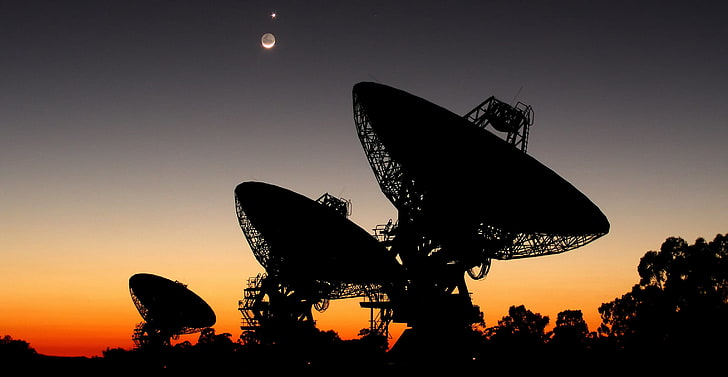 three satellite antennas, search, The moon, Venus, radio telescope, Australia, SETI, parabolic antenna, HD wallpaper