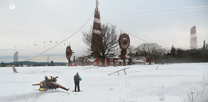 artwork, futuristic, digital art, snow, dead trees, building, alone, field, trees, Sweden, Simon Stålenhag, HD wallpaper