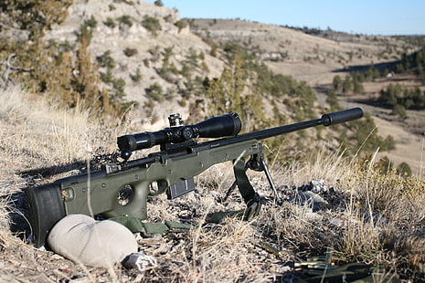зеленый и черный AWP, оптика, обои, оружие, пейзаж, обои, винтовка, оптический прицел, снайпер, глушитель, L96, снайперская винтовка, HD обои HD wallpaper